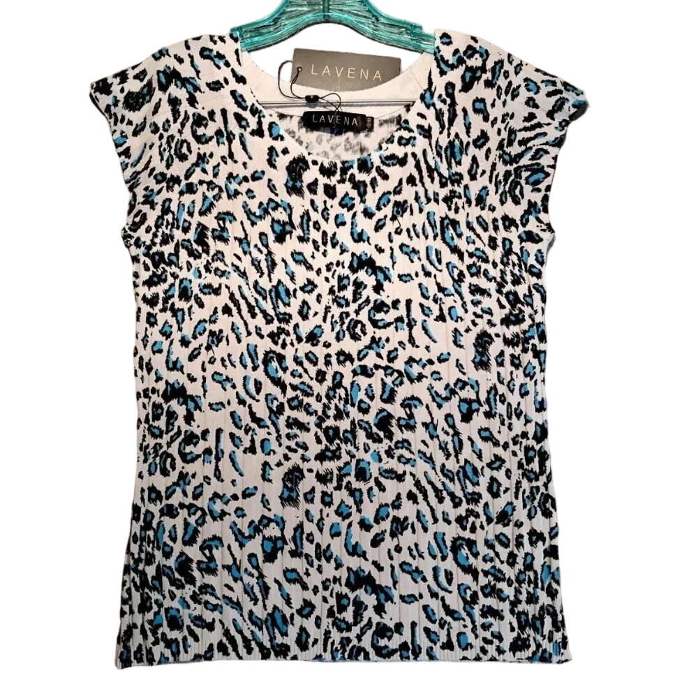Lavena NWT Women's Ribbed Sweater Sleeveless White/Black/Blue Animal Print SMALL